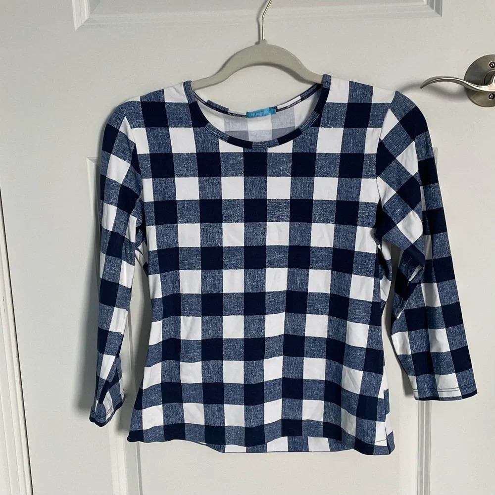 J. McLaughlin Navy and White Buffalo Check Long Sleeve Top